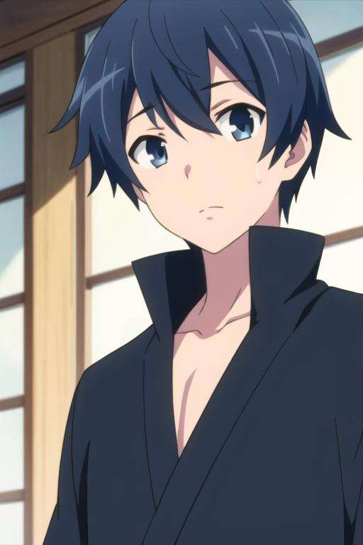 masterpiece, best quality, high quality, 1boy, solo, male focus, looking at viewer, upper body, <lora:touya_mochizuki:0.72>, touya_mochizuki, black hair, blue hair, , yukata