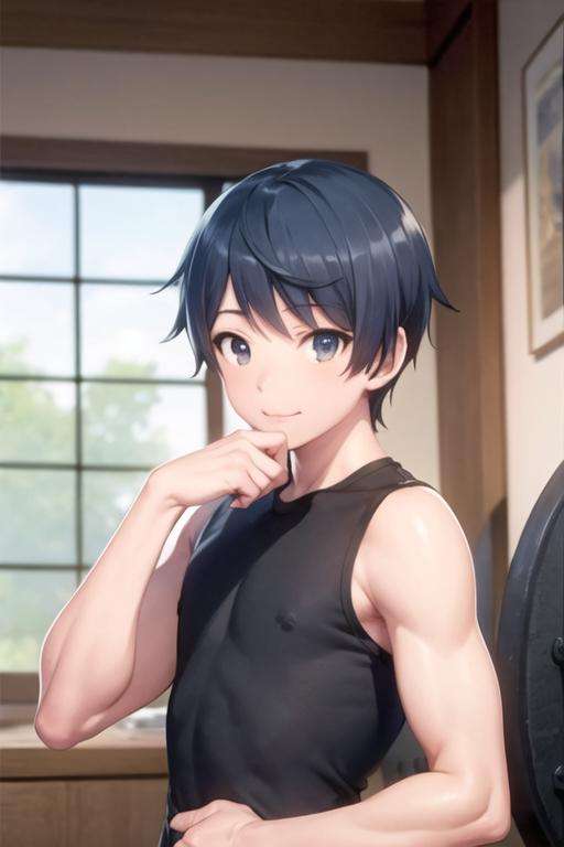 masterpiece, best quality, high quality, 1boy, solo, male focus, looking at viewer, upper body, <lora:touya_mochizuki:0.70>, touya_mochizuki, black hair, blue hair, , gym uniform