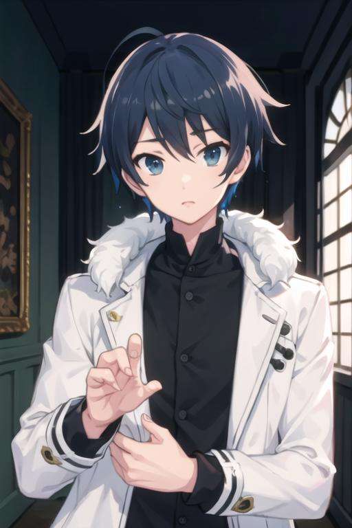 masterpiece, best quality, high quality, 1boy, solo, male focus, looking at viewer, upper body, <lora:touya_mochizuki:0.64>, touya_mochizuki, black hair, blue hair, , jacket