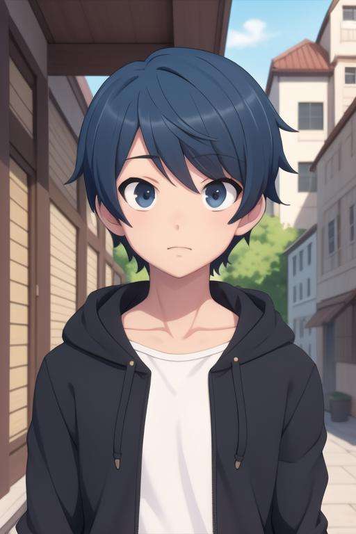 masterpiece, best quality, high quality, 1boy, solo, male focus, looking at viewer, upper body, <lora:touya_mochizuki:0.62>, touya_mochizuki, black hair, blue hair, , hoodie