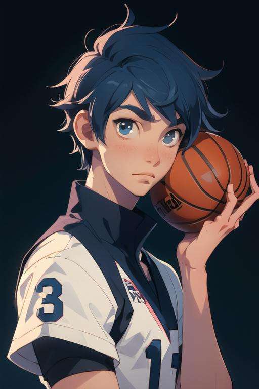 masterpiece, best quality, high quality, 1boy, solo, male focus, looking at viewer, upper body, <lora:touya_mochizuki:0.54>, touya_mochizuki, black hair, blue hair, , basketball uniform