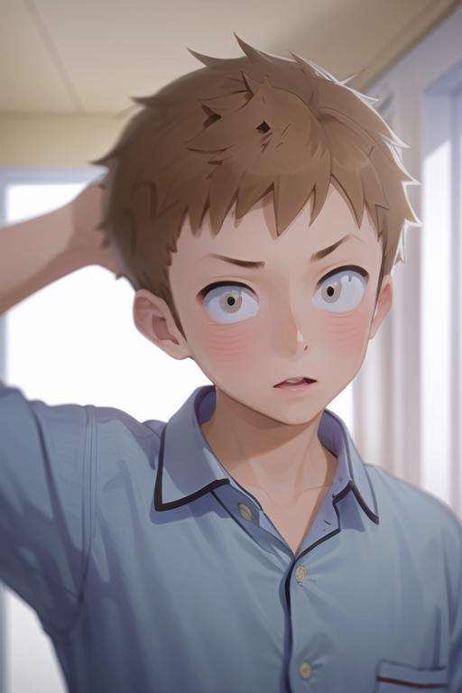 masterpiece, best quality, high quality, 1boy, solo, male focus, looking at viewer, upper body, <lora:shou_adachi:0.84>, shou_adachi, brown hair, , pajamas