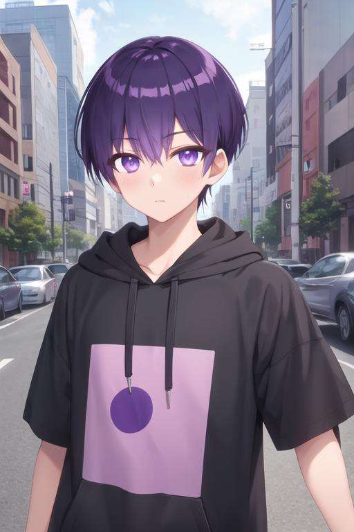 masterpiece, best quality, high quality, 1boy, solo, male focus, looking at viewer, upper body, <lora:yuuki_izumi:0.58>, yuuki_izumi, purple eyes, purple hair, , hoodie