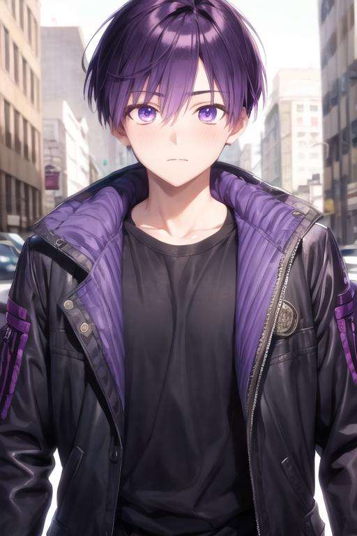 masterpiece, best quality, high quality, 1boy, solo, male focus, looking at viewer, upper body, <lora:yuuki_izumi:0.58>, yuuki_izumi, purple eyes, purple hair, , jacket