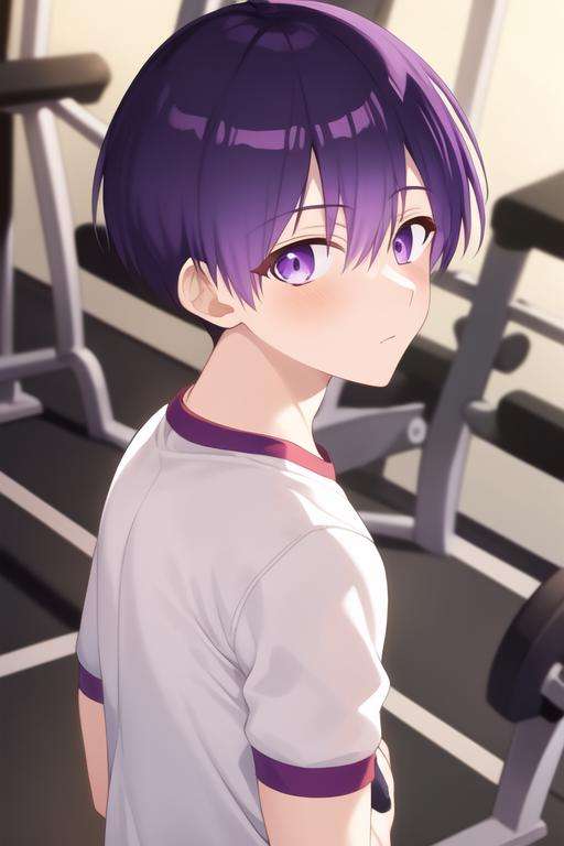 masterpiece, best quality, high quality, 1boy, solo, male focus, looking at viewer, upper body, <lora:yuuki_izumi:0.70>, yuuki_izumi, purple eyes, purple hair, , gym uniform