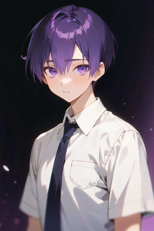 masterpiece, best quality, high quality, 1boy, solo, male focus, looking at viewer, upper body, <lora:yuuki_izumi:0.54>, yuuki_izumi, purple eyes, purple hair, , school uniform