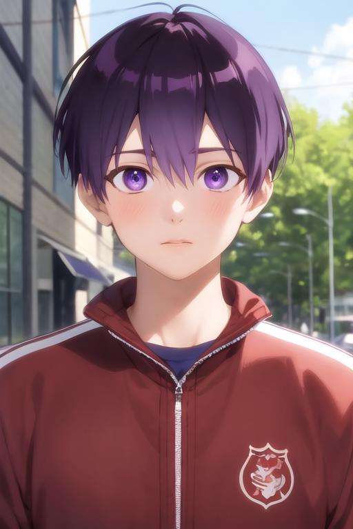 masterpiece, best quality, high quality, 1boy, solo, male focus, looking at viewer, upper body, <lora:yuuki_izumi:0.66>, yuuki_izumi, purple eyes, purple hair, realistic, track suit