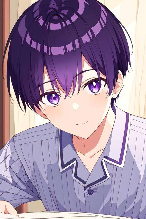 masterpiece, best quality, high quality, 1boy, solo, male focus, looking at viewer, upper body, <lora:yuuki_izumi:0.54>, yuuki_izumi, purple eyes, purple hair, , pajamas