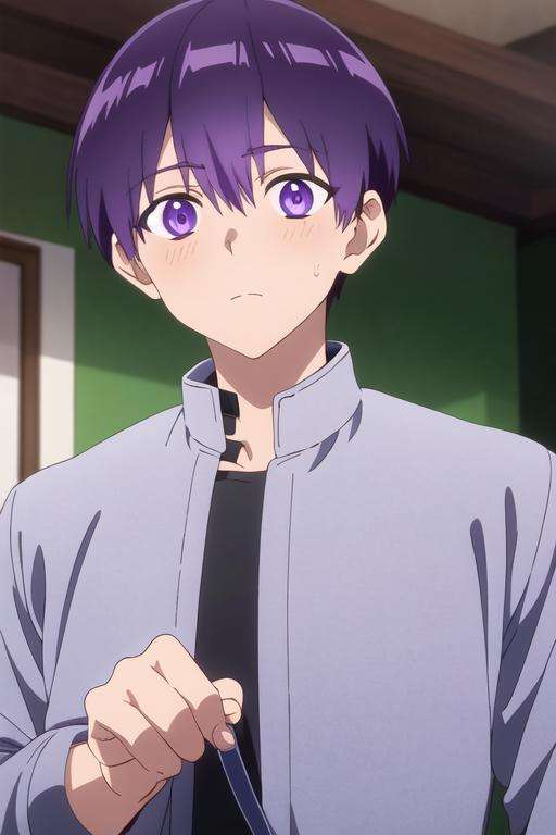 masterpiece, best quality, high quality, 1boy, solo, male focus, looking at viewer, upper body, <lora:yuuki_izumi:0.74>, yuuki_izumi, purple eyes, purple hair, , gakuran