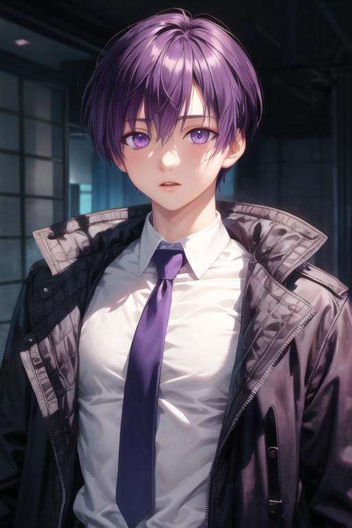 masterpiece, best quality, high quality, 1boy, solo, male focus, looking at viewer, upper body, <lora:yuuki_izumi:0.52>, yuuki_izumi, purple eyes, purple hair, realistic, jacket