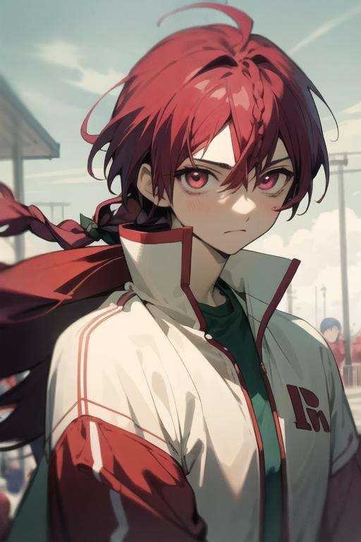 masterpiece, best quality, high quality, 1boy, solo, male focus, looking at viewer, upper body, <lora:kouha_ren:0.66>, kouha_ren, red hair, long hair, pink eyes, braid, track suit