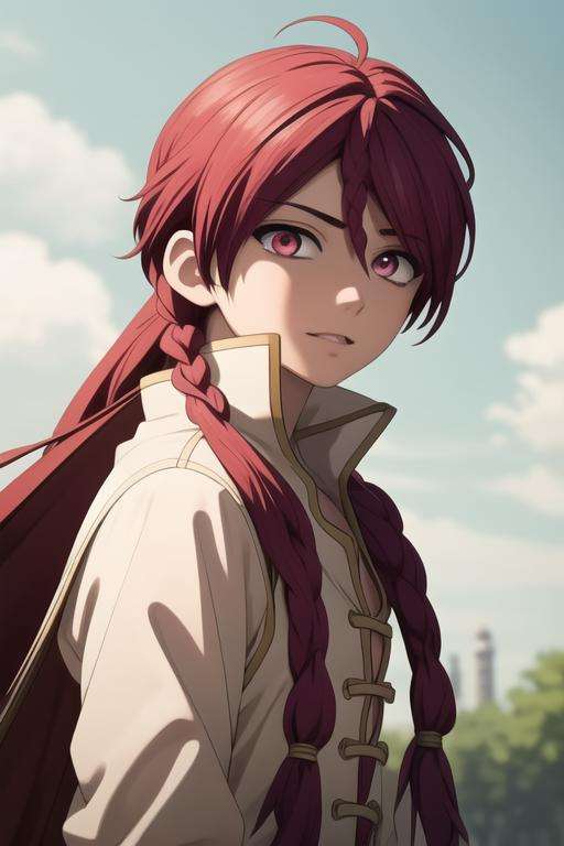 masterpiece, best quality, high quality, 1boy, solo, male focus, looking at viewer, upper body, <lora:kouha_ren:0.72>, kouha_ren, red hair, long hair, pink eyes, braid,