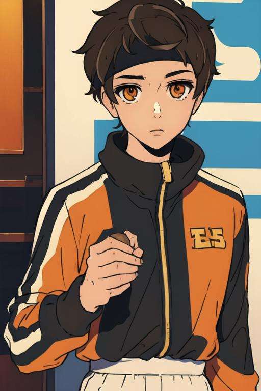 masterpiece, best quality, high quality, 1boy, solo, male focus, looking at viewer, upper body, <lora:bam_kami_no_tou:0.76>, bam_kami_no_tou, brown hair, orange eyes, , track suit