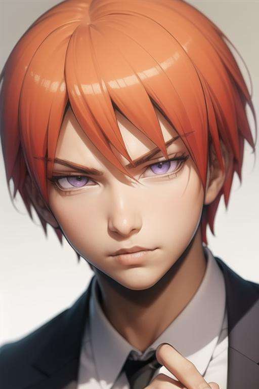 masterpiece, best quality, high quality, 1boy, solo, male focus, looking at viewer, upper body, <lora:asano_gakushuu:0.72>, asano_gakushuu, purple eyes, orange hair, school uniform,