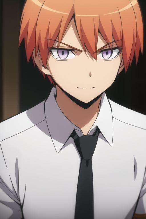 masterpiece, best quality, high quality, 1boy, solo, male focus, looking at viewer, upper body, <lora:asano_gakushuu:0.70>, asano_gakushuu, purple eyes, orange hair, school uniform, shirt, white shirt, necktie, collared shirt