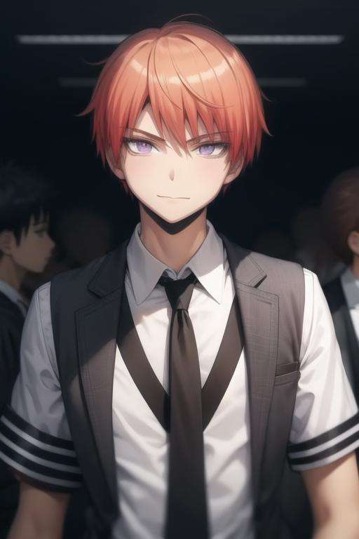 masterpiece, best quality, high quality, 1boy, solo, male focus, looking at viewer, upper body, <lora:asano_gakushuu:0.78>, asano_gakushuu, purple eyes, orange hair, school uniform, shirt, white shirt, necktie, collared shirt