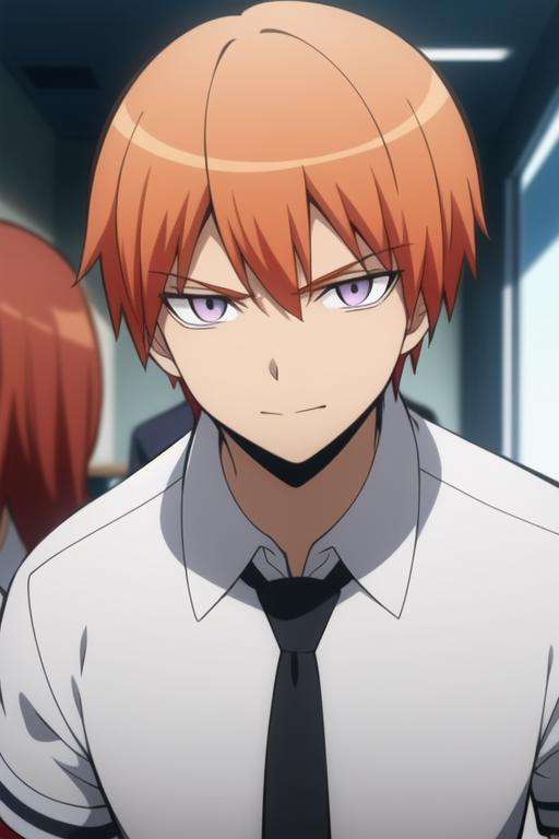 masterpiece, best quality, high quality, 1boy, solo, male focus, looking at viewer, upper body, <lora:asano_gakushuu:0.70>, asano_gakushuu, purple eyes, orange hair, school uniform, shirt, white shirt, necktie, collared shirt