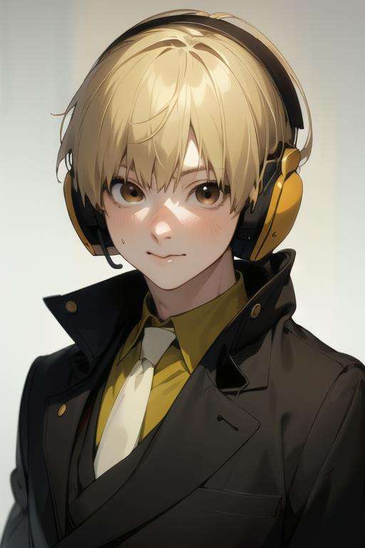 masterpiece, best quality, high quality, 1boy, solo, male focus, looking at viewer, upper body, <lora:nobimaru_kemono_jihen:0.72>, nobimaru_kemono_jihen, blonde hair, brown eyes, headphones, realistic, coat