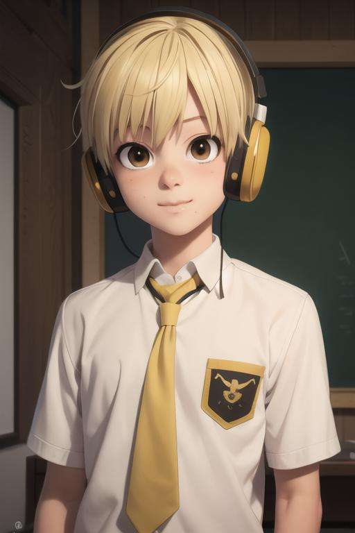 masterpiece, best quality, high quality, 1boy, solo, male focus, looking at viewer, upper body, <lora:nobimaru_kemono_jihen:0.58>, nobimaru_kemono_jihen, blonde hair, brown eyes, headphones, realistic, school uniform