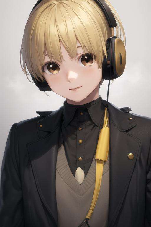 masterpiece, best quality, high quality, 1boy, solo, male focus, looking at viewer, upper body, <lora:nobimaru_kemono_jihen:0.70>, nobimaru_kemono_jihen, blonde hair, brown eyes, headphones, realistic, coat