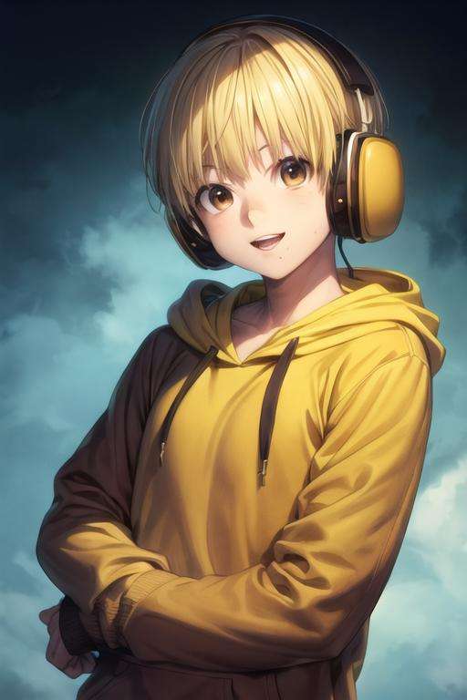 masterpiece, best quality, high quality, 1boy, solo, male focus, looking at viewer, upper body, <lora:nobimaru_kemono_jihen:0.70>, nobimaru_kemono_jihen, blonde hair, brown eyes, headphones, , hoodie