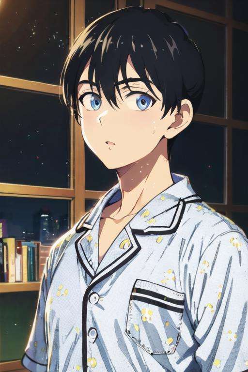 masterpiece, best quality, high quality, 1boy, solo, male focus, looking at viewer, upper body, <lora:nagi_umino:0.66>, nagi_umino, black hair, blue eyes, hair between eyes, realistic, pajamas