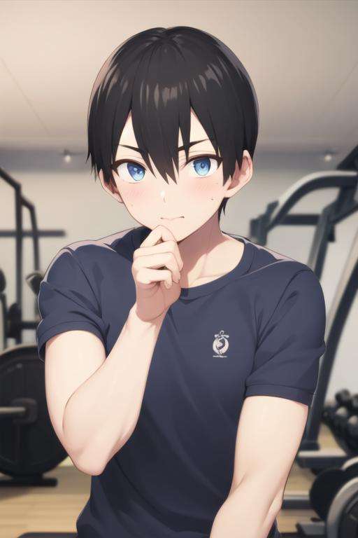 masterpiece, best quality, high quality, 1boy, solo, male focus, looking at viewer, upper body, <lora:nagi_umino:0.78>, nagi_umino, black hair, blue eyes, hair between eyes, , gym uniform