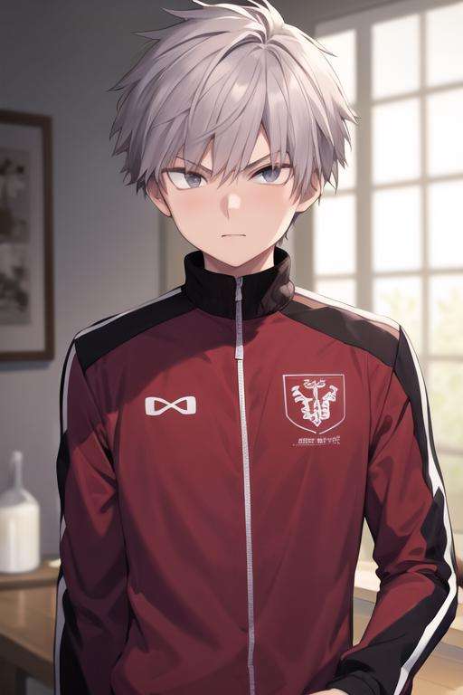 masterpiece, best quality, high quality, 1boy, solo, male focus, looking at viewer, upper body, <lora:shiki_tademaru:0.58>, shiki_tademaru, , grey hair, , track suit