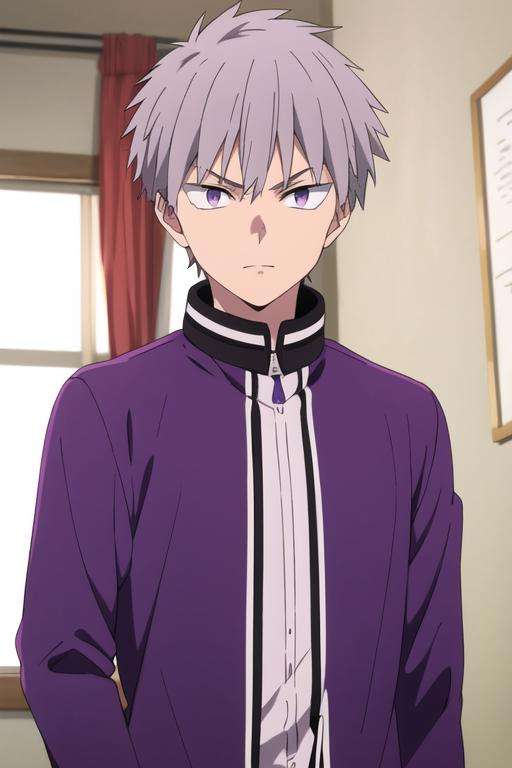 masterpiece, best quality, high quality, 1boy, solo, male focus, looking at viewer, upper body, <lora:shiki_tademaru:0.56>, shiki_tademaru, purple eyes, grey hair, , jacket