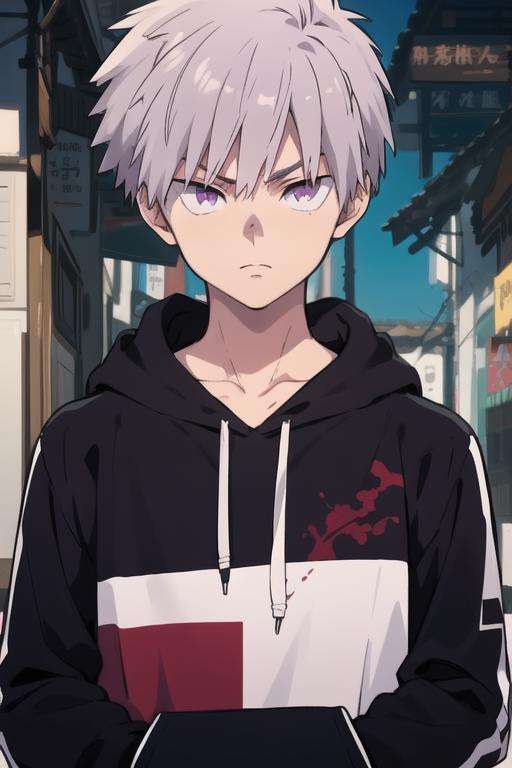 masterpiece, best quality, high quality, 1boy, solo, male focus, looking at viewer, upper body, <lora:shiki_tademaru:0.78>, shiki_tademaru, purple eyes, grey hair, , hoodie