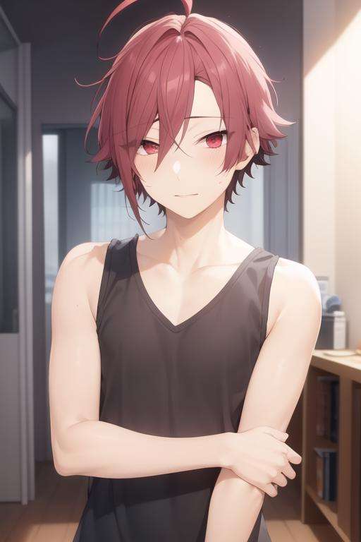 masterpiece, best quality, high quality, 1boy, solo, male focus, looking at viewer, upper body, <lora:akane_yanagi:0.64>, akane_yanagi, red hair, red eyes, hair between eyes, ahoge, , tank top