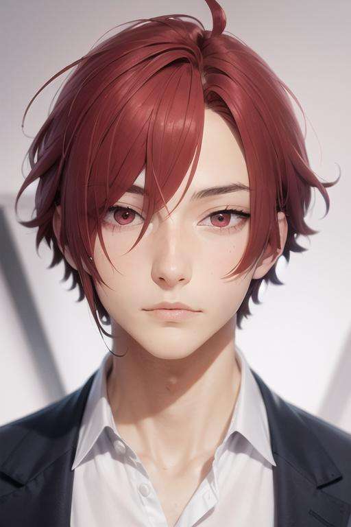 masterpiece, best quality, high quality, 1boy, solo, male focus, looking at viewer, upper body, <lora:akane_yanagi:0.56>, akane_yanagi, red hair, red eyes, hair between eyes, ahoge, ,