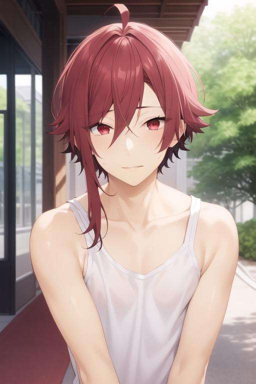 masterpiece, best quality, high quality, 1boy, solo, male focus, looking at viewer, upper body, <lora:akane_yanagi:0.60>, akane_yanagi, red hair, red eyes, hair between eyes, ahoge, , tank top