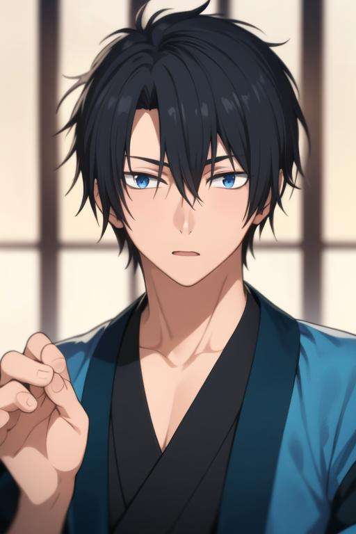 masterpiece, best quality, high quality, 1boy, solo, male focus, looking at viewer, upper body, <lora:son-hak:0.80>, son-hak, black hair, blue eyes, japanese clothes, hair between eyes,