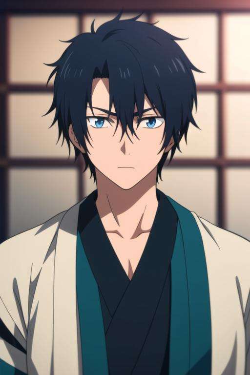 masterpiece, best quality, high quality, 1boy, solo, male focus, looking at viewer, upper body, <lora:son-hak:0.80>, son-hak, black hair, blue eyes, japanese clothes, hair between eyes, <lora:animemix_v3_offset:0.70>