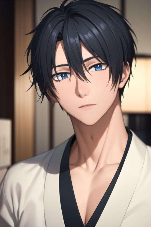 masterpiece, best quality, high quality, 1boy, solo, male focus, looking at viewer, upper body, <lora:son-hak:0.74>, son-hak, black hair, blue eyes, japanese clothes, hair between eyes, <lora:Realism-10:0.25>, Realism