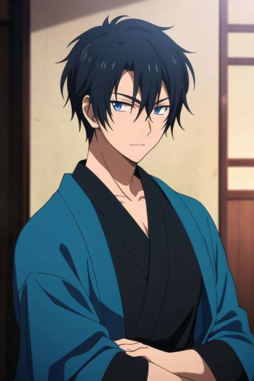 masterpiece, best quality, high quality, 1boy, solo, male focus, looking at viewer, upper body, <lora:son-hak:0.72>, son-hak, black hair, blue eyes, japanese clothes, hair between eyes, <lora:animemix_v3_offset:0.50>