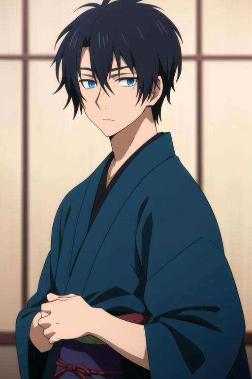 masterpiece, best quality, high quality, 1boy, solo, male focus, looking at viewer, upper body, <lora:son-hak:0.82>, son-hak, black hair, blue eyes, japanese clothes, hair between eyes,