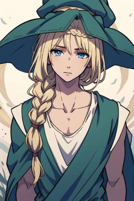 masterpiece, best quality, high quality, 1boy, solo, male focus, looking at viewer, upper body, <lora:yunan_magi:0.58>, yunan_magi, blonde hair, long hair, blue eyes, , tank top