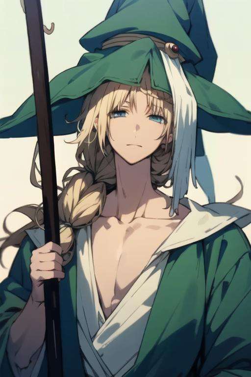 masterpiece, best quality, high quality, 1boy, solo, male focus, looking at viewer, upper body, <lora:yunan_magi:0.70>, yunan_magi, blonde hair, long hair, blue eyes, hat, shirt