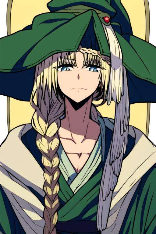 masterpiece, best quality, high quality, 1boy, solo, male focus, looking at viewer, upper body, <lora:yunan_magi:0.78>, yunan_magi, blonde hair, long hair, blue eyes, hat, coat