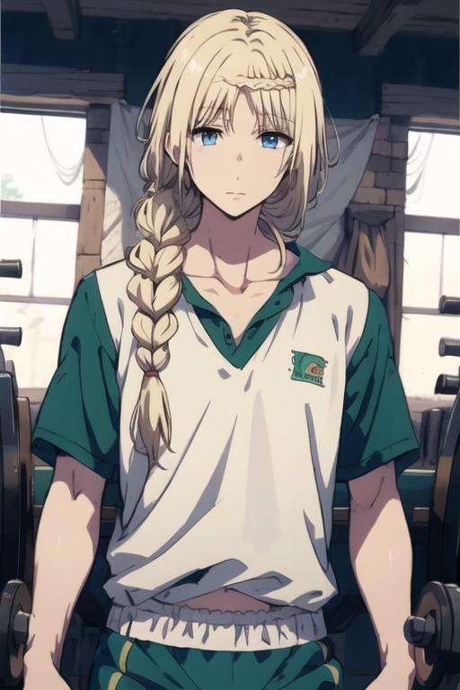 masterpiece, best quality, high quality, 1boy, solo, male focus, looking at viewer, upper body, <lora:yunan_magi:0.78>, yunan_magi, blonde hair, long hair, blue eyes, , gym uniform