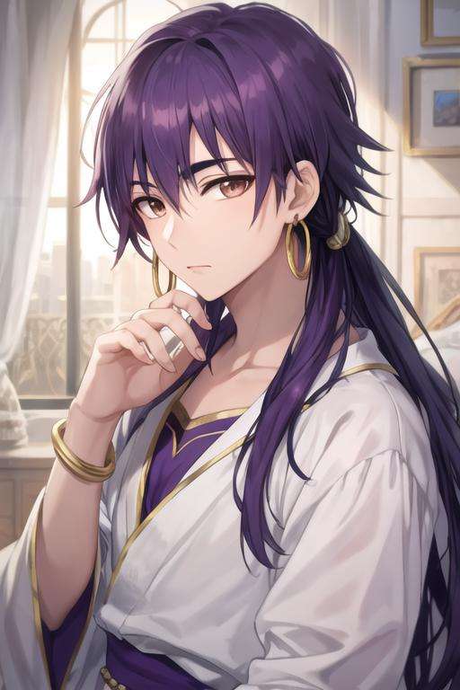 masterpiece, best quality, high quality, 1boy, solo, male focus, looking at viewer, upper body, <lora:sinbad_adult_magi:0.52>, sinbad_adult_magi, jewelry, purple hair, brown eyes, long hair, pajamas