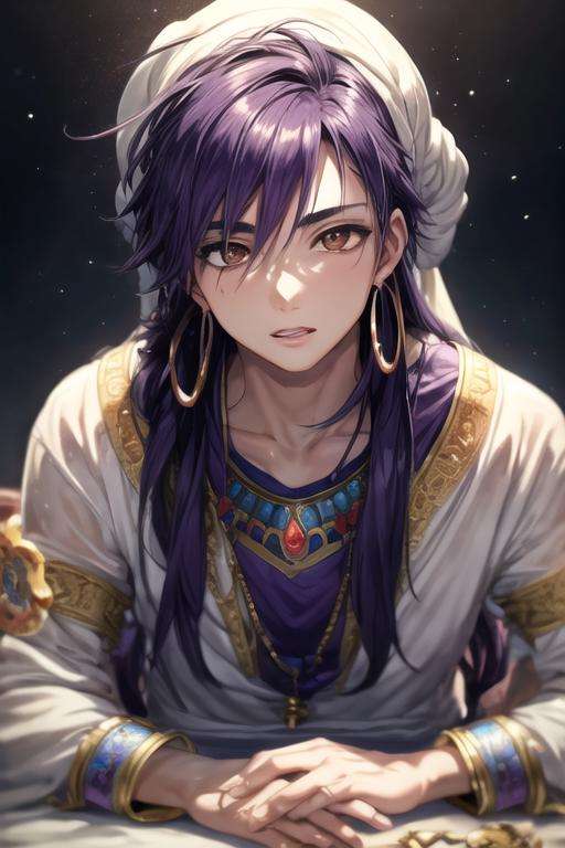 masterpiece, best quality, high quality, 1boy, solo, male focus, looking at viewer, upper body, <lora:sinbad_adult_magi:0.52>, sinbad_adult_magi, jewelry, purple hair, brown eyes, long hair, pajamas