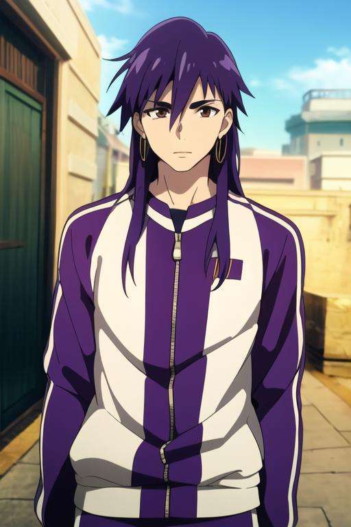 masterpiece, best quality, high quality, 1boy, solo, male focus, looking at viewer, upper body, <lora:sinbad_adult_magi:0.64>, sinbad_adult_magi, jewelry, purple hair, brown eyes, long hair, track suit