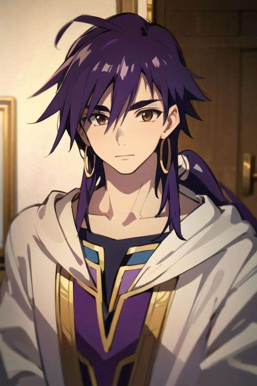 masterpiece, best quality, high quality, 1boy, solo, male focus, looking at viewer, upper body, <lora:sinbad_adult_magi:0.78>, sinbad_adult_magi, jewelry, purple hair, brown eyes, long hair, hoodie