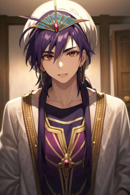 masterpiece, best quality, high quality, 1boy, solo, male focus, looking at viewer, upper body, <lora:sinbad_adult_magi:0.68>, sinbad_adult_magi, jewelry, purple hair, brown eyes, long hair, jacket