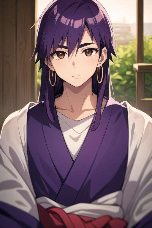 masterpiece, best quality, high quality, 1boy, solo, male focus, looking at viewer, upper body, <lora:sinbad_adult_magi:0.52>, sinbad_adult_magi, jewelry, purple hair, brown eyes, long hair, yukata