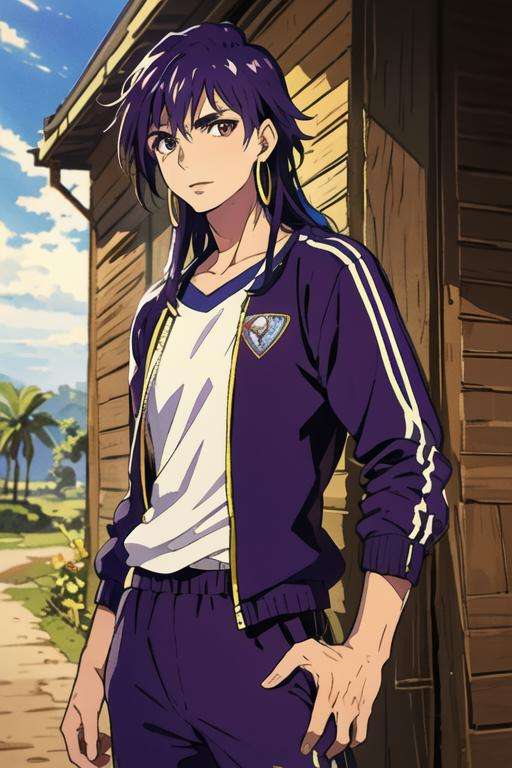 masterpiece, best quality, high quality, 1boy, solo, male focus, looking at viewer, upper body, <lora:sinbad_adult_magi:0.62>, sinbad_adult_magi, jewelry, purple hair, brown eyes, long hair, track suit