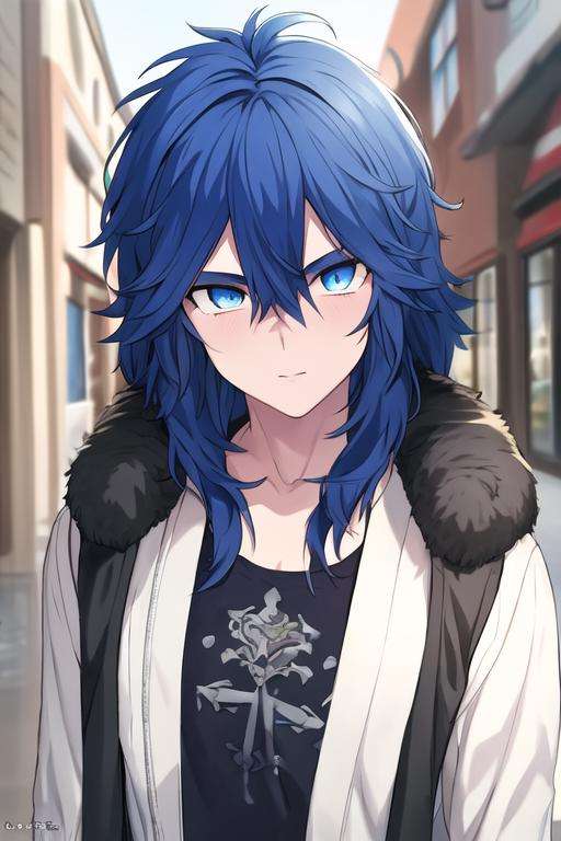 masterpiece, best quality, high quality, 1boy, solo, male focus, looking at viewer, upper body, <lora:yui_kemono_jihen:0.74>, yui_kemono_jihen, blue hair, blue eyes, hair between eyes, long hair, , coat